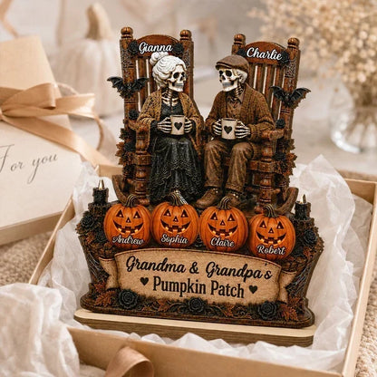 Personalized Wooden Plaque, Skeleton Couple Holding Mugs, Warm Autumn Family Keepsake and Creative Gift