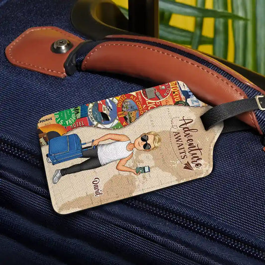 And So The Adventure Begins Leather Luggage Tag, Personalized Travel Accessory for Her with Cartoon Traveler, Stylish Unique Gift for Trips & Cruises