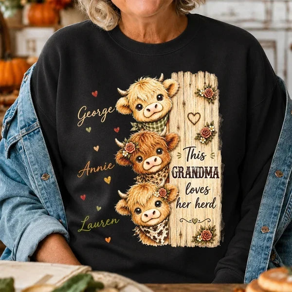 Personalized Grandma Sweatshirt with Highland Cow Herd, Unique Gift for Everyday Family Love