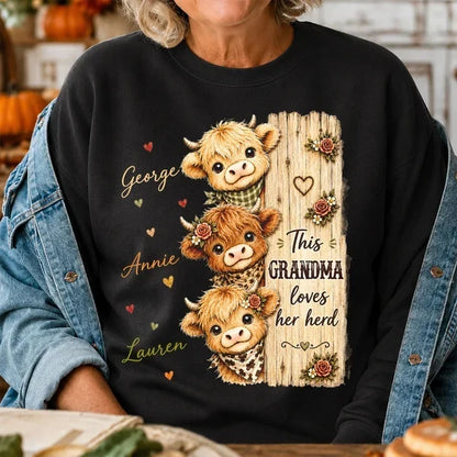 Personalized Grandma Sweatshirt with Highland Cow Herd, Unique Gift for Everyday Family Love
