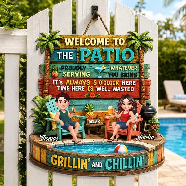 Personalized Wooden Sign with Cartoon Couple Patio Scene, Unique Gift for Couples