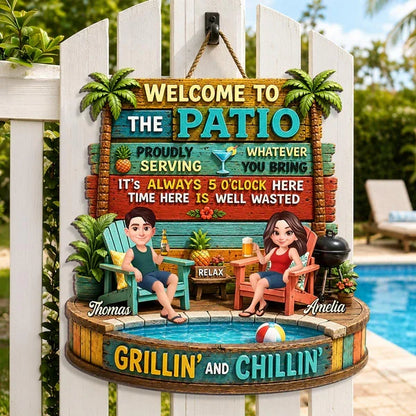 Personalized Wooden Sign with Cartoon Couple Patio Scene, Unique Gift for Couples