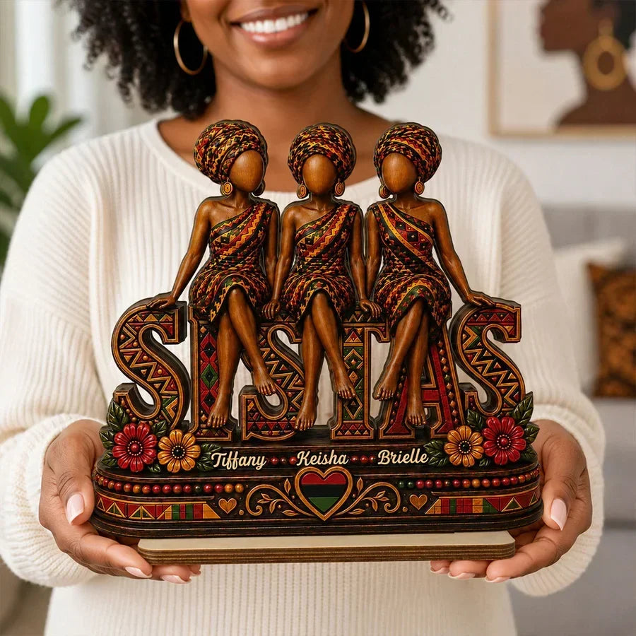 Personalized Wooden Plaque with Seated Sistas Art, Unique Gift for Close Friends & Sisters