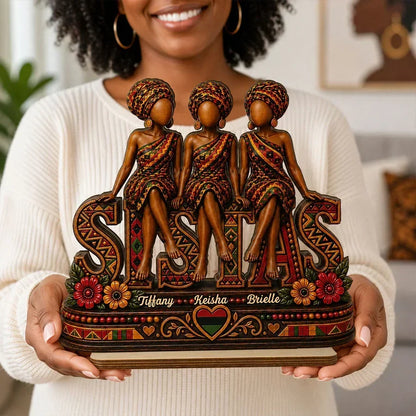Personalized Wooden Plaque with Seated Sistas Art, Unique Gift for Close Friends & Sisters