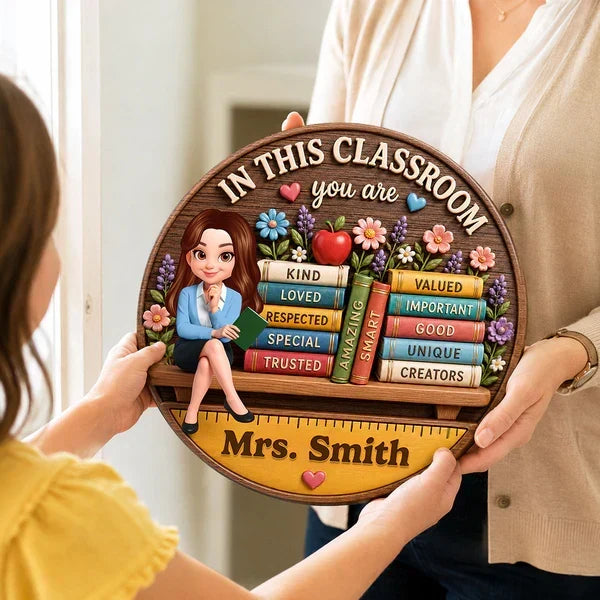 Personalized Teacher And Books Classroom Wooden Sign