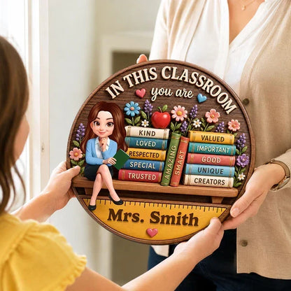 Personalized Teacher And Books Classroom Wooden Sign