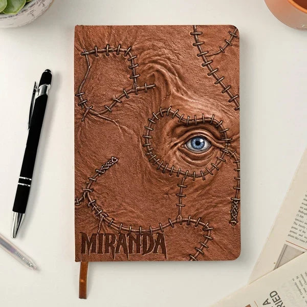 Personalized Leather Journal with Stitched Eye Grimoire Design, Witchy Desk Decor and Unique Gift for Goth Fans