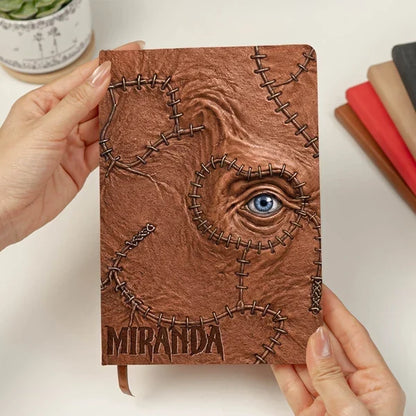 Personalized Leather Journal with Stitched Eye Grimoire Design, Witchy Desk Decor and Unique Gift for Goth Fans