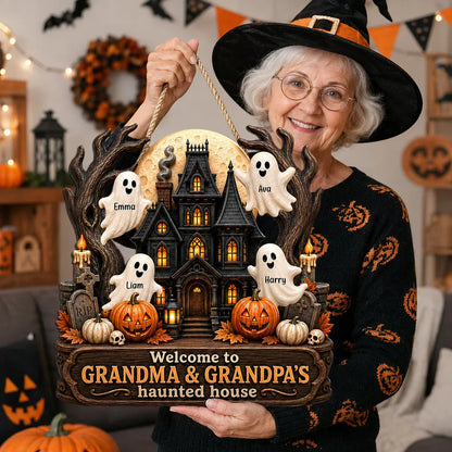 Personalized Wooden Sign with Haunted House Ghosts & Pumpkins, Halloween Door Decor, Unique Gift for Grandparents