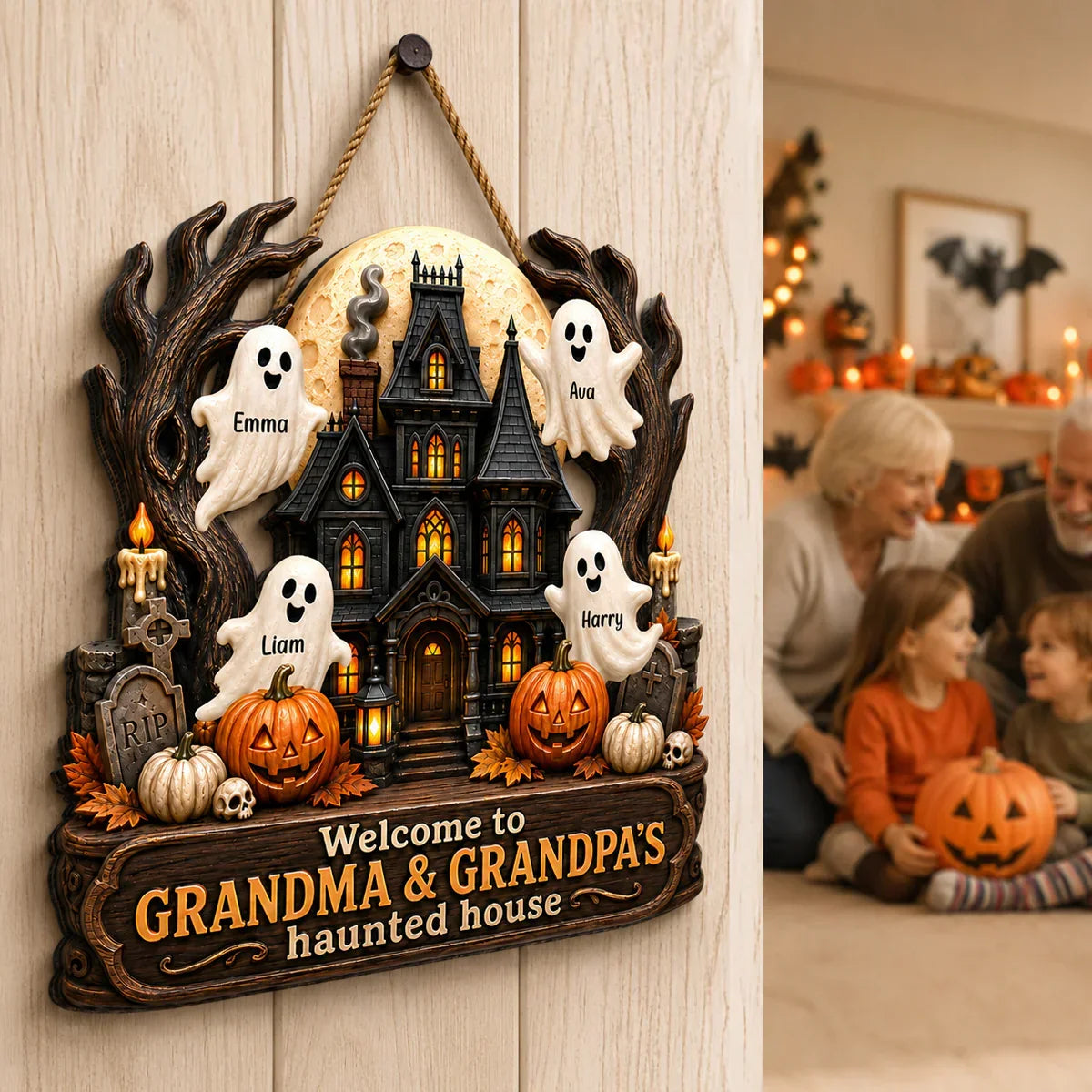 Personalized Wooden Sign with Haunted House Ghosts & Pumpkins, Halloween Door Decor, Unique Gift for Grandparents