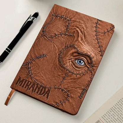 Personalized Leather Journal with Stitched Eye Grimoire Design, Witchy Desk Decor and Unique Gift for Goth Fans