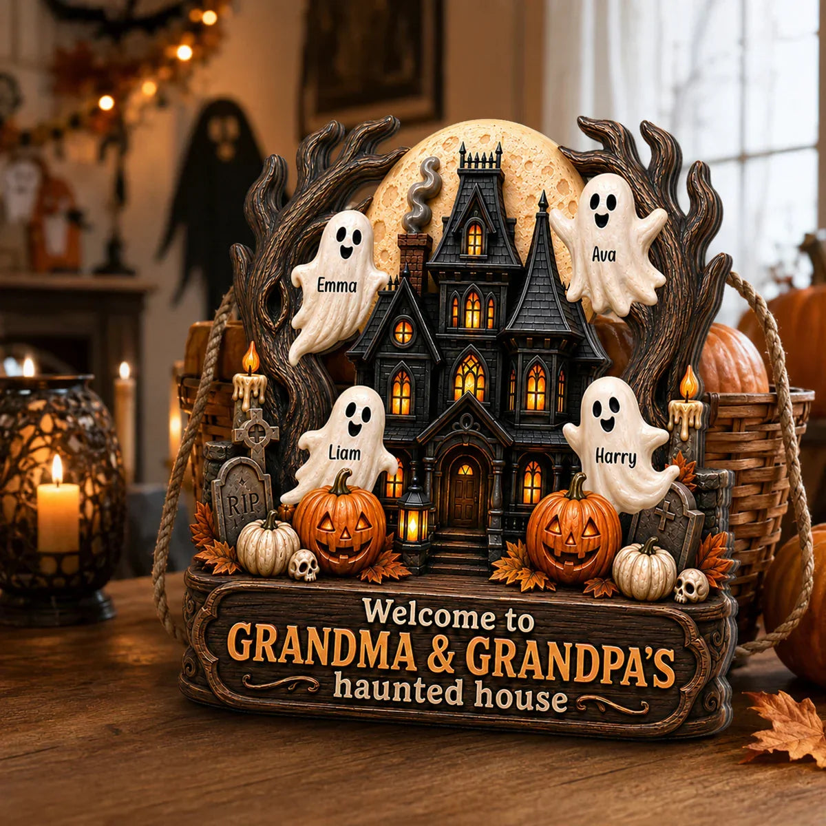Personalized Wooden Sign with Haunted House Ghosts & Pumpkins, Halloween Door Decor, Unique Gift for Grandparents