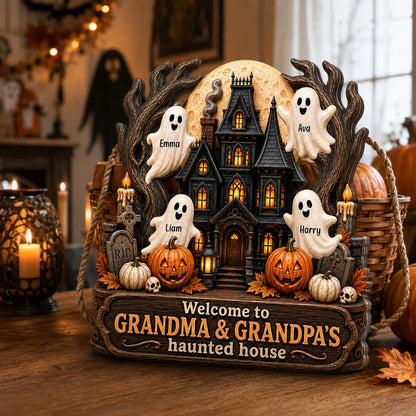 Personalized Wooden Sign with Haunted House Ghosts & Pumpkins, Halloween Door Decor, Unique Gift for Grandparents
