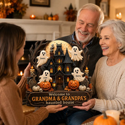 Personalized Wooden Sign with Haunted House Ghosts & Pumpkins, Halloween Door Decor, Unique Gift for Grandparents