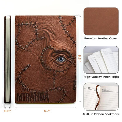 Personalized Leather Journal with Stitched Eye Grimoire Design, Witchy Desk Decor and Unique Gift for Goth Fans