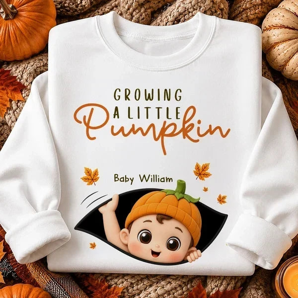 Personalized Baby Pumpkin Sweatshirt, Mom Cradling Baby Bump, Creative Autumn Gift for Mom-to-Be