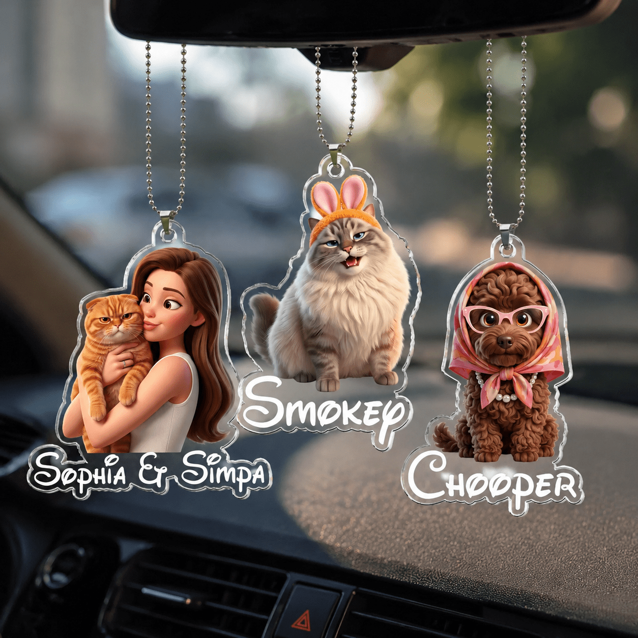 Personalized Cartoon Pet Rear View Mirror Accessory - Cute Gift for Dog Mom Cat Mom, Car Decor