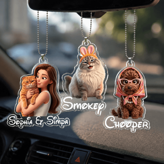 Personalized Cartoon Pet Rear View Mirror Accessory - Cute Gift for Dog Mom Cat Mom, Car Decor