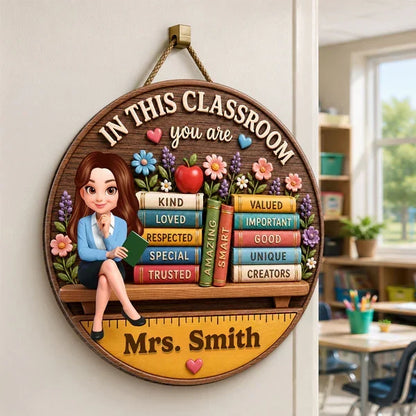 Personalized Teacher And Books Classroom Wooden Sign