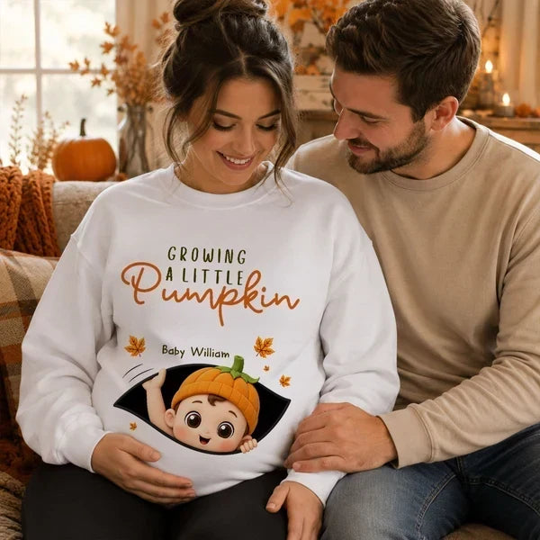 Personalized Baby Pumpkin Sweatshirt, Mom Cradling Baby Bump, Creative Autumn Gift for Mom-to-Be