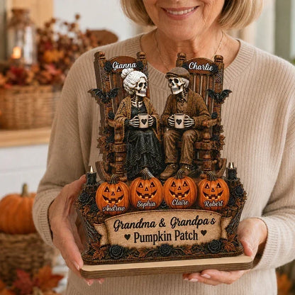 Personalized Wooden Plaque, Skeleton Couple Holding Mugs, Warm Autumn Family Keepsake and Creative Gift