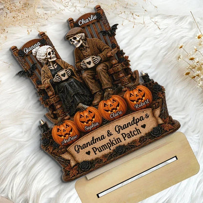 Personalized Wooden Plaque, Skeleton Couple Holding Mugs, Warm Autumn Family Keepsake and Creative Gift